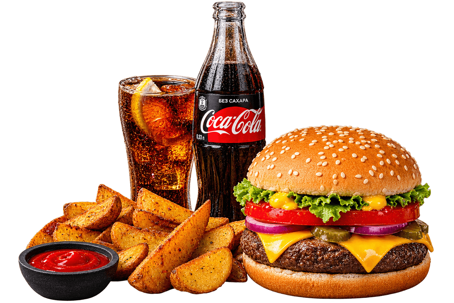 A burger meal with fries, ketchup and a soft drink